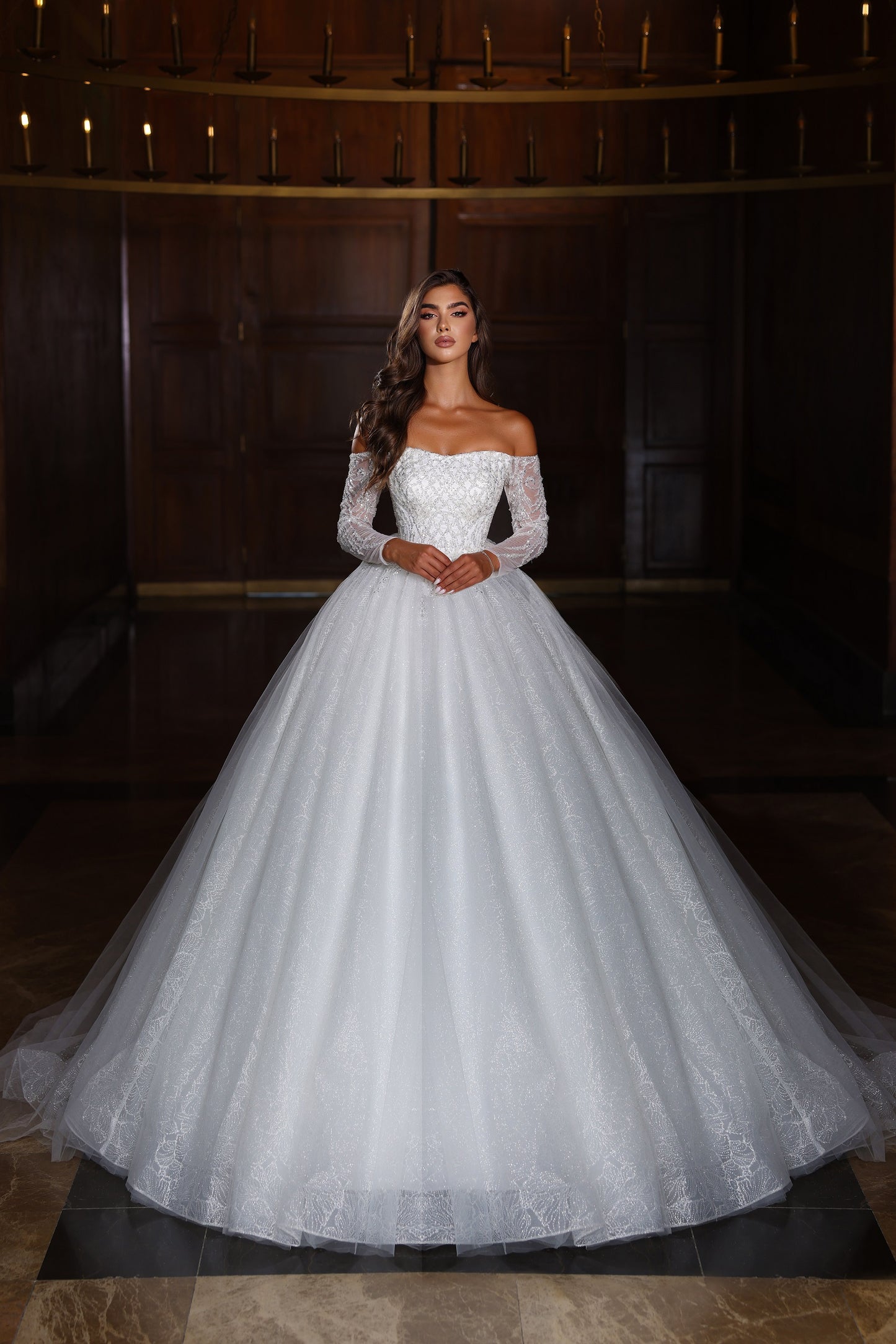 Off the shoulder ball gown wedding dress with sleeves