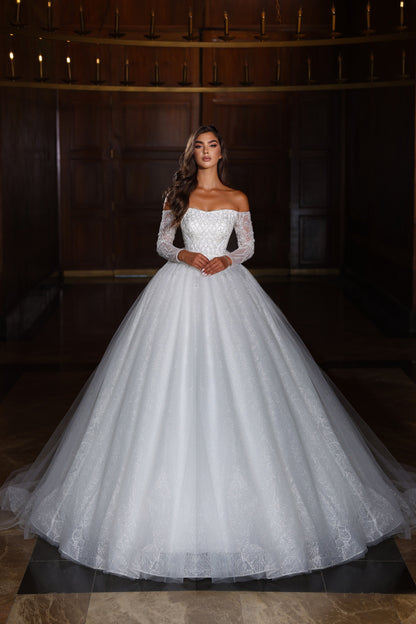 Off the shoulder ball gown wedding dress with sleeves