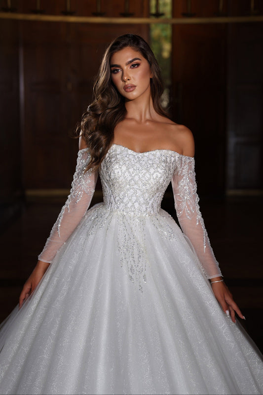 Off the shoulder ball gown wedding dress with sleeves