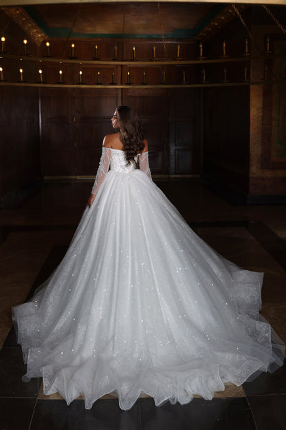 Off the shoulder ball gown wedding dress with sleeves
