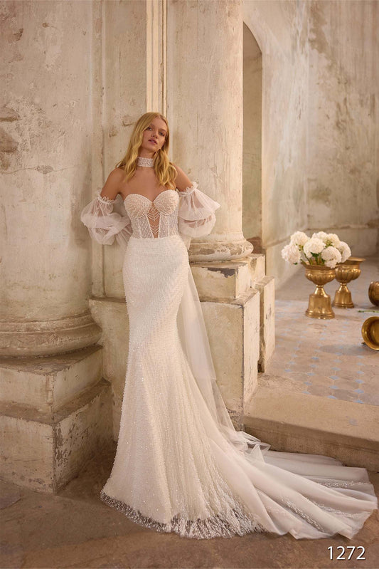 KatrinFAVORboutique-Beaded Mermaid Wedding Dress with Detachable Puff Sleeves