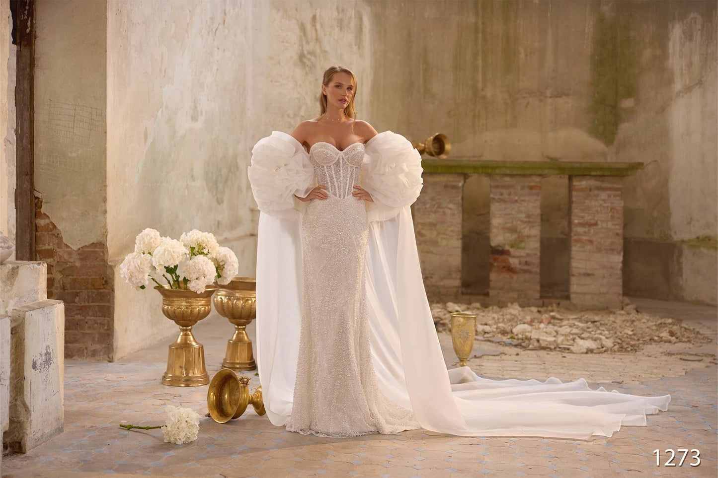 KatrinFAVORboutique-Strapless Beaded Mermaid Wedding Dress with Detachable Cape Sleeves