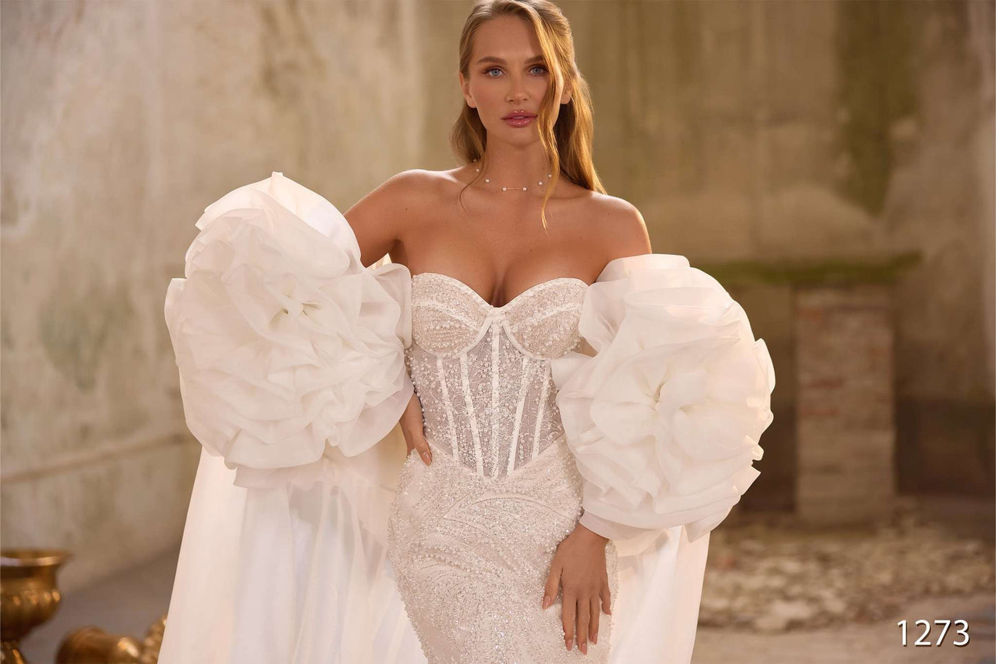 KatrinFAVORboutique-Strapless Beaded Mermaid Wedding Dress with Detachable Cape Sleeves