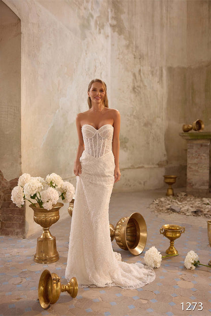 KatrinFAVORboutique-Strapless Beaded Mermaid Wedding Dress with Detachable Cape Sleeves