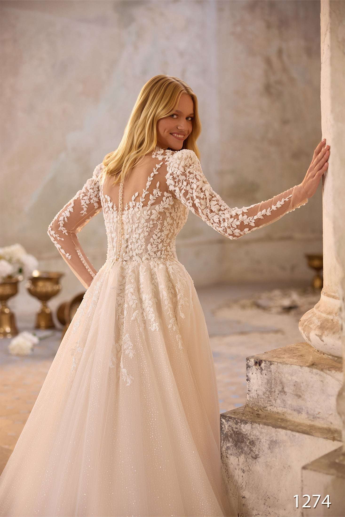 KatrinFAVORboutique-Long Sleeve Lace A-Line Wedding Dress with High Neck
