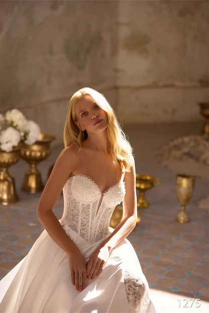 KatrinFAVORboutique-Long Sleeve Lace A-Line Wedding Dress with Slit and Corset