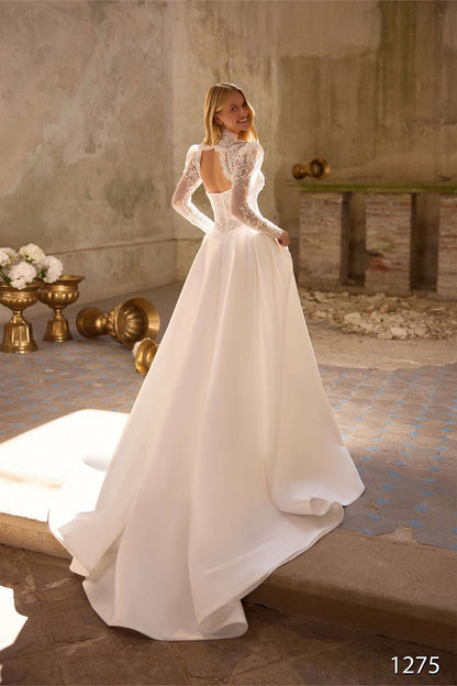 KatrinFAVORboutique-Long Sleeve Lace A-Line Wedding Dress with Slit and Corset