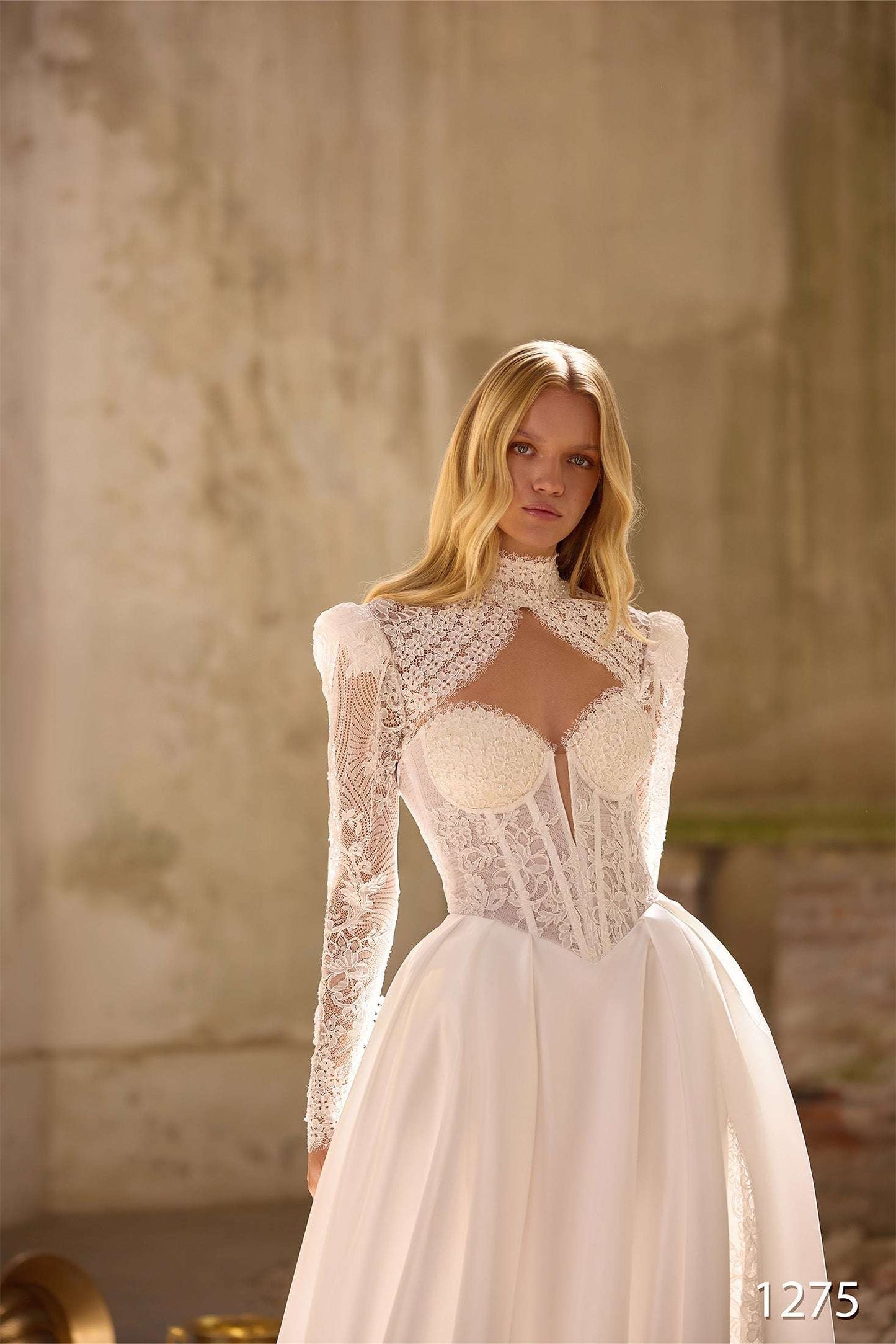 KatrinFAVORboutique-Long Sleeve Lace A-Line Wedding Dress with Slit and Corset