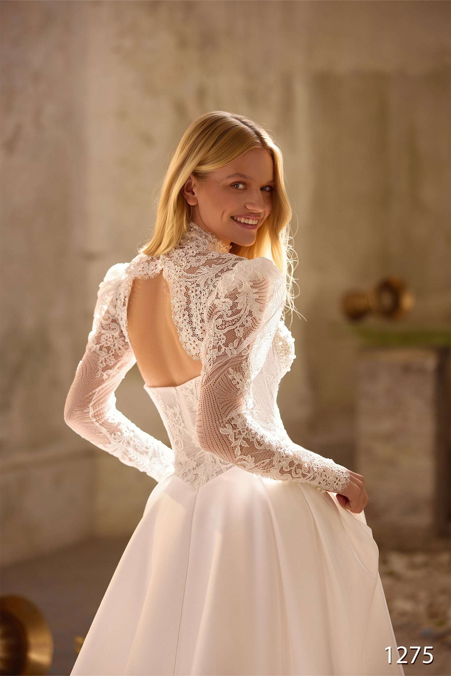 KatrinFAVORboutique-Long Sleeve Lace A-Line Wedding Dress with Slit and Corset