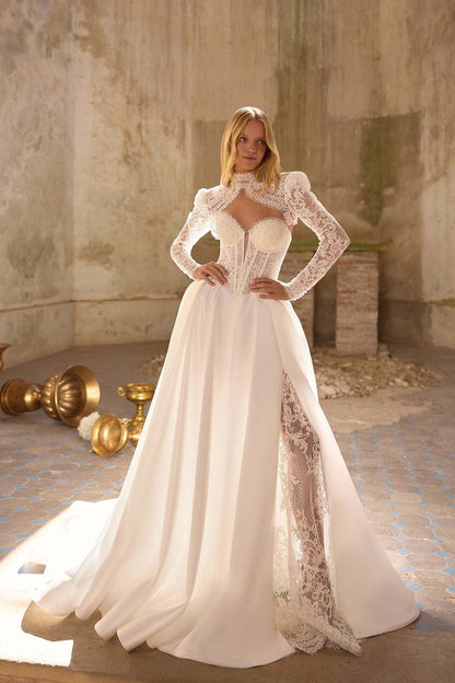 KatrinFAVORboutique-Long Sleeve Lace A-Line Wedding Dress with Slit and Corset