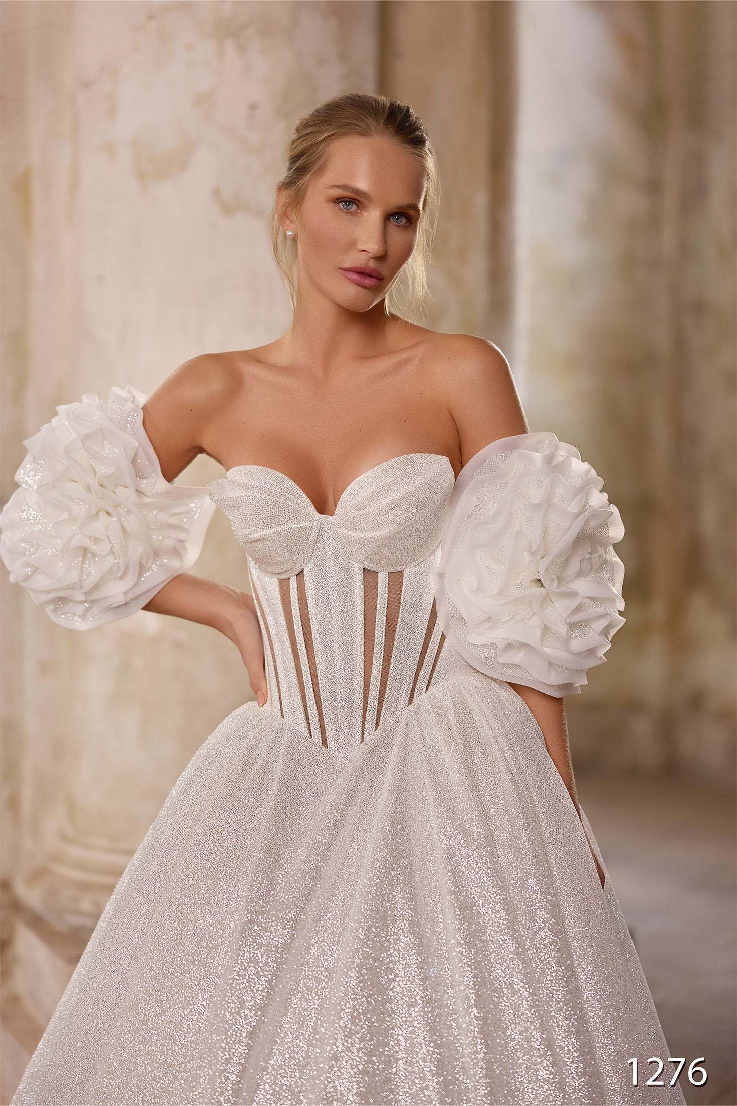 KatrinFAVORboutique-Strapless Glitter A-Line Wedding Dress with Corset and Puff Sleeves