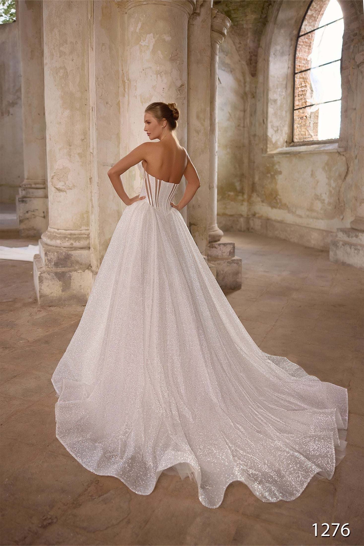 KatrinFAVORboutique-Strapless Glitter A-Line Wedding Dress with Corset and Puff Sleeves