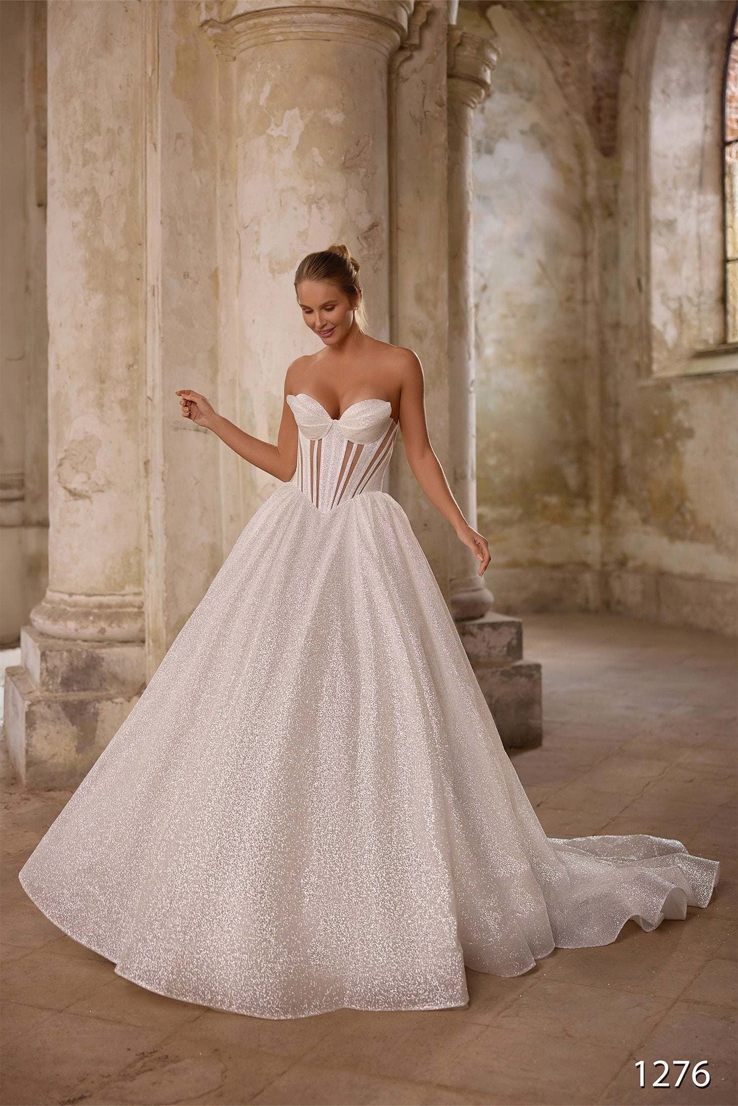 KatrinFAVORboutique-Strapless Glitter A-Line Wedding Dress with Corset and Puff Sleeves
