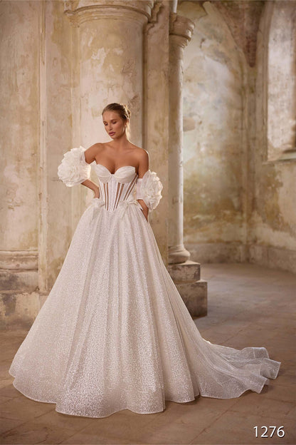 KatrinFAVORboutique-Strapless Glitter A-Line Wedding Dress with Corset and Puff Sleeves