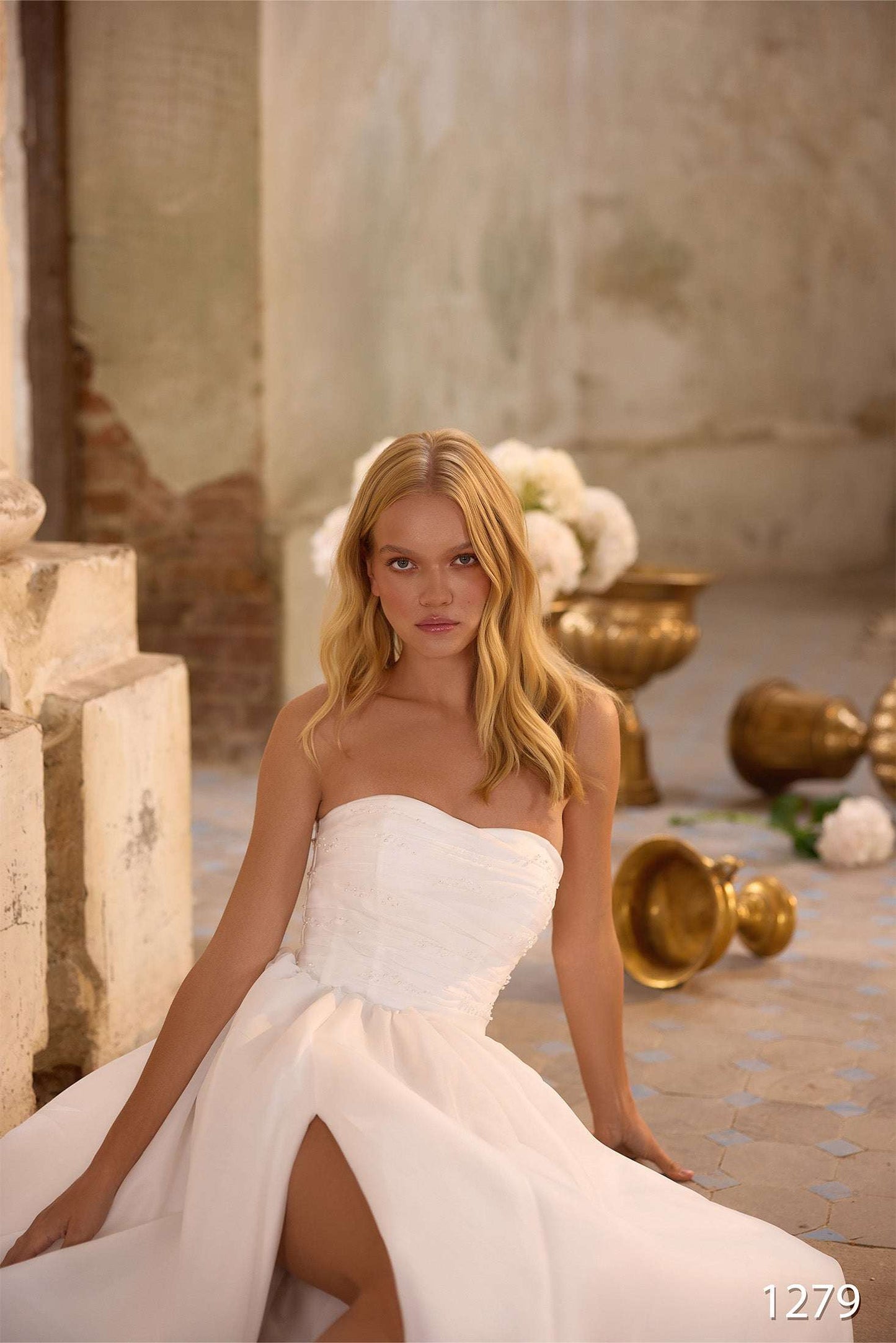 KatrinFAVORboutique-Off Shoulder Wedding Dress with Slit – Minimalist A-Line Bridal Gown with Puff Sleeves