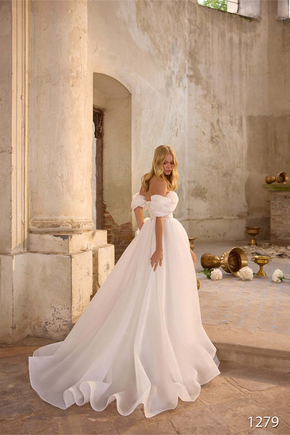 KatrinFAVORboutique-Off Shoulder Wedding Dress with Slit – Minimalist A-Line Bridal Gown with Puff Sleeves