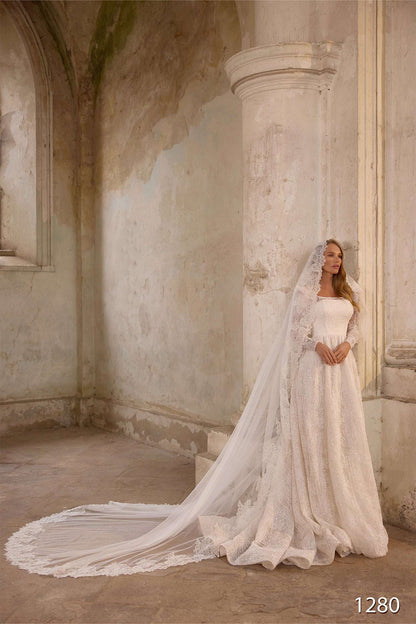 KatrinFAVORboutique-Long Sleeve Lace Wedding Dress – Modest A-Line Bridal Gown with Square Neck