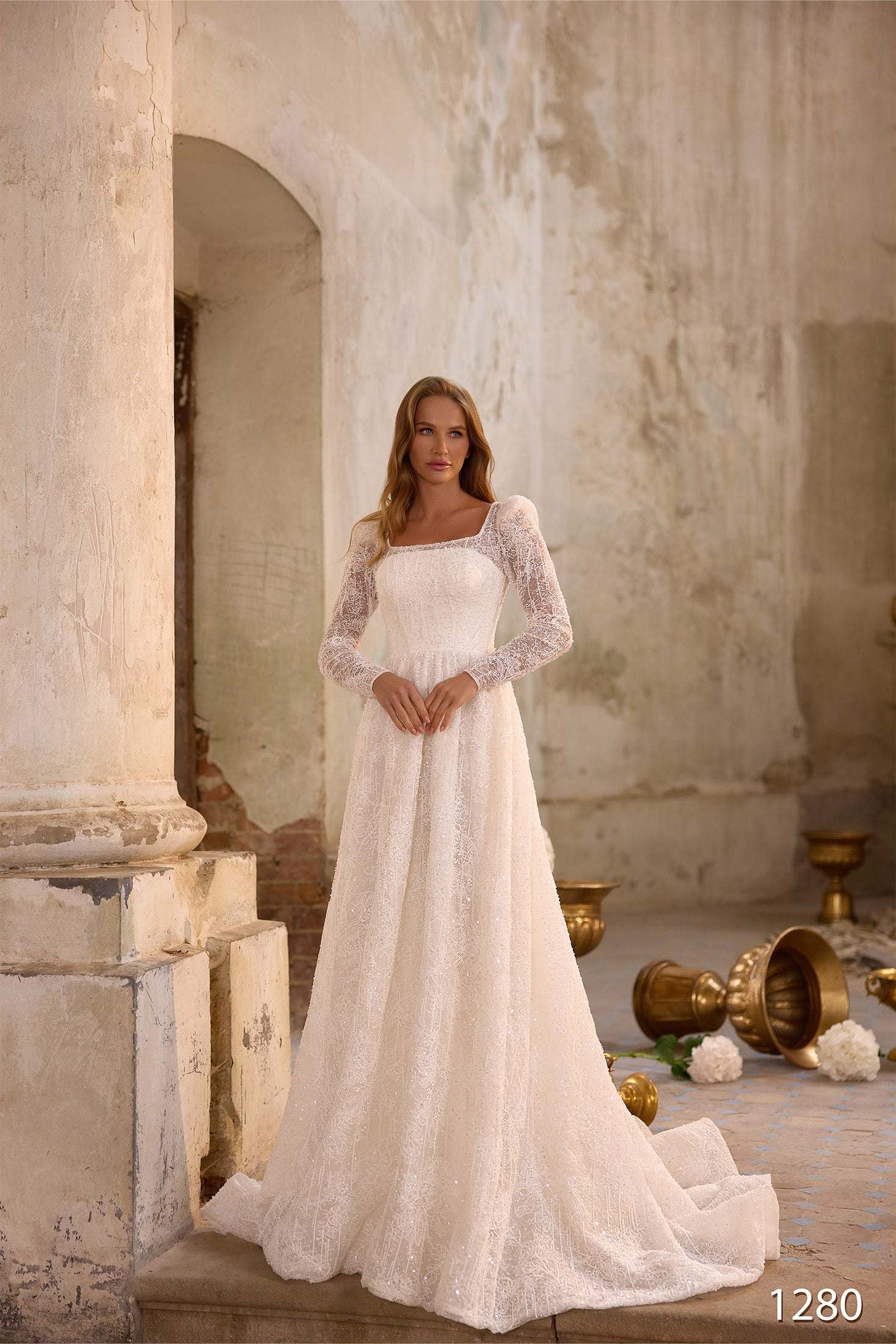 KatrinFAVORboutique-Long Sleeve Lace Wedding Dress – Modest A-Line Bridal Gown with Square Neck