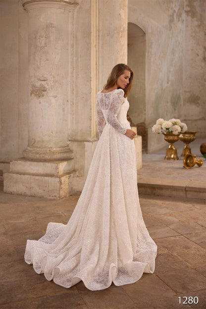 KatrinFAVORboutique-Long Sleeve Lace Wedding Dress – Modest A-Line Bridal Gown with Square Neck