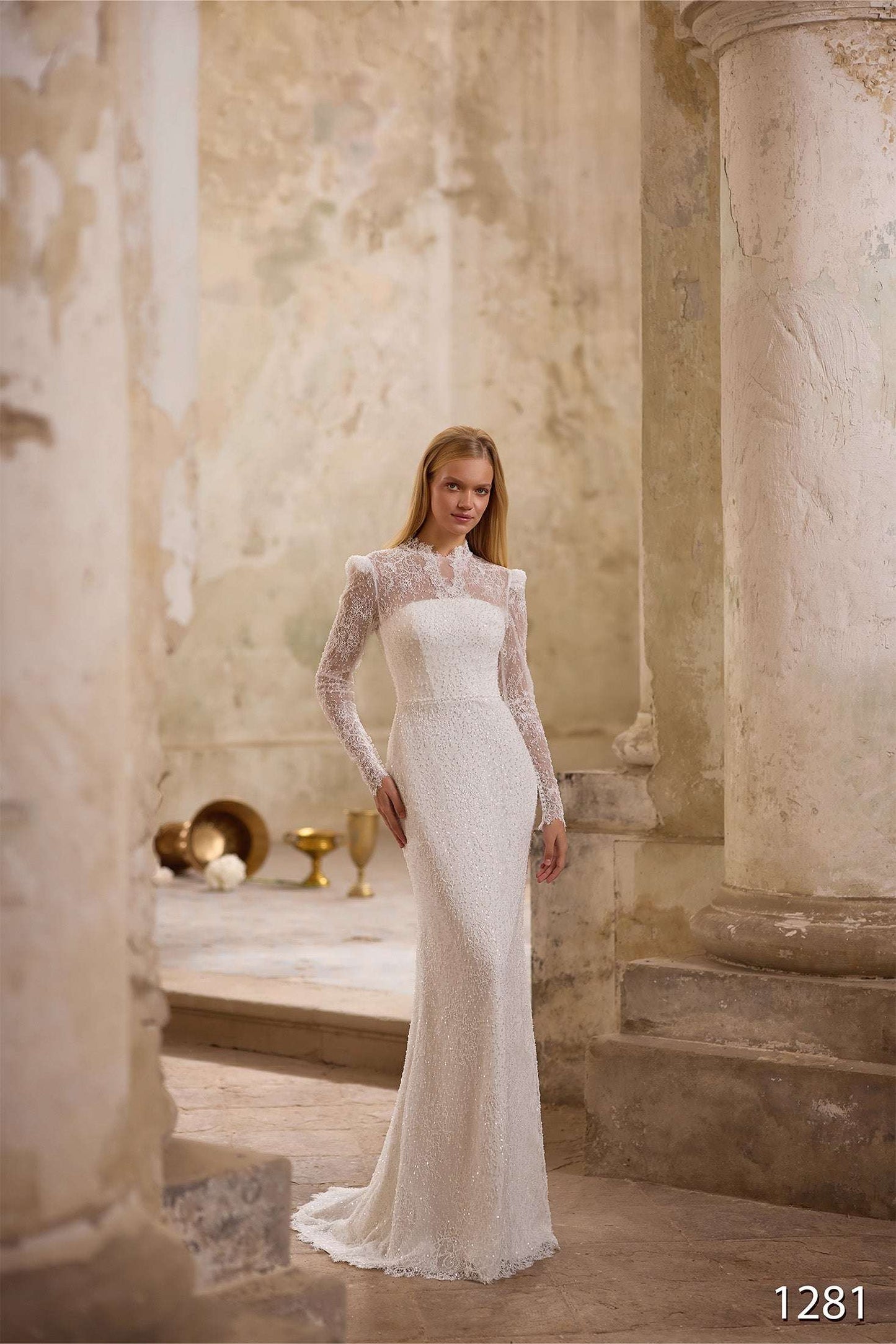 KatrinFAVORboutique-Modest Long Sleeve Wedding Dress – Lace Trumpet Bridal Gown with High Neck