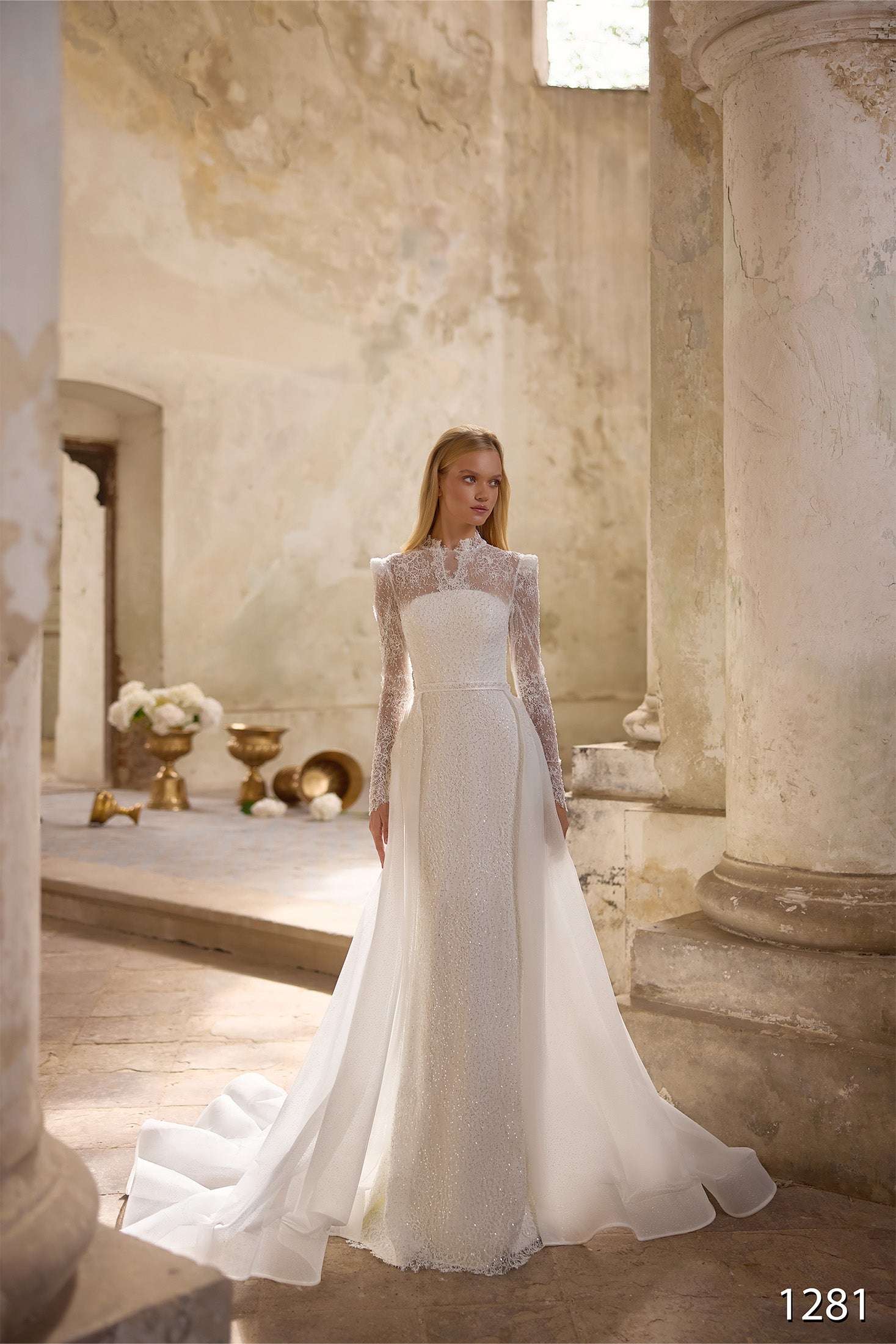KatrinFAVORboutique-Modest Long Sleeve Wedding Dress – Lace Trumpet Bridal Gown with High Neck