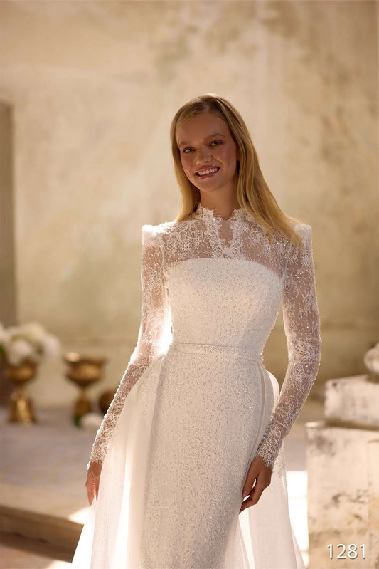 KatrinFAVORboutique-Modest Long Sleeve Wedding Dress – Lace Trumpet Bridal Gown with High Neck