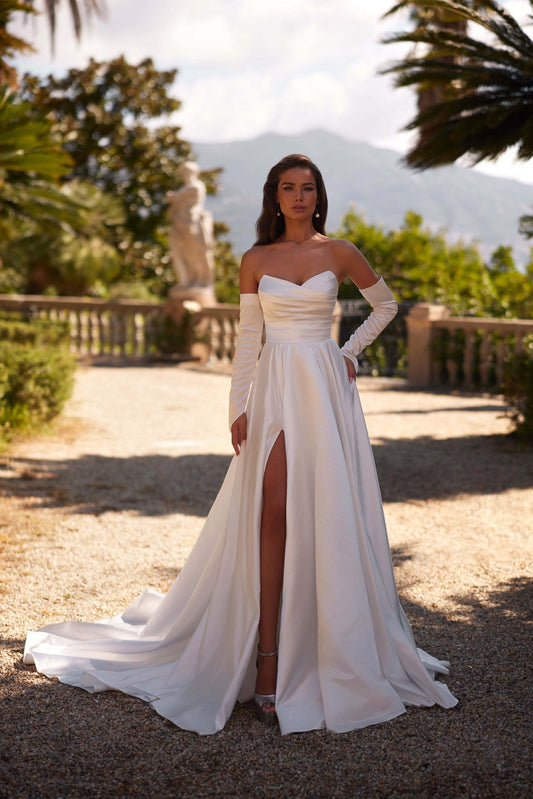 KatrinFAVORboutique-Satin wedding dress slit Plain white dress wedding