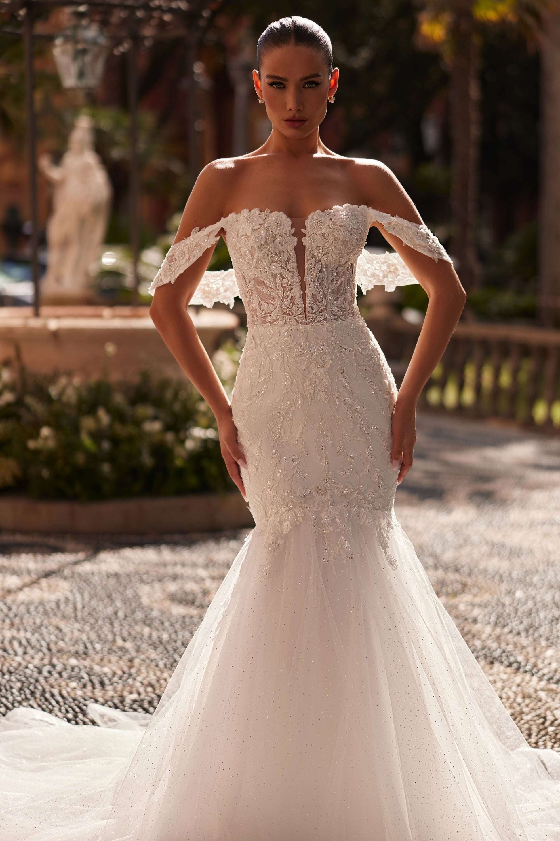 off the shoulder sparkly wedding dress Long Off Shoulder Glitter Mesh Wedding Gown