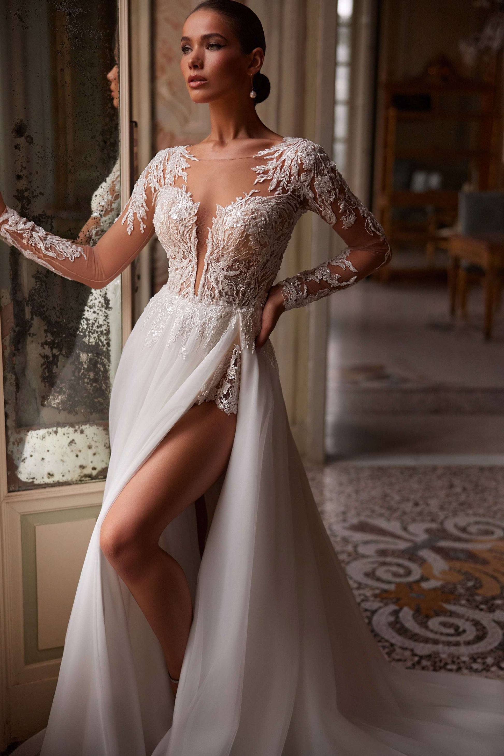long sleeve courthouse wedding dress KissProm Vintage Sleeved A-Line V-neck Satin Tea Length Dress, Diamond White / 6 while the long sleeves add an air of timeless elegance Courthouse Wedding Dresses | Civil