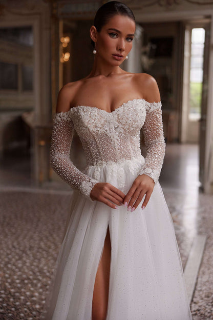 KatrinFAVORboutique-Off the shoulder wedding dress long sleeve Bridal gown