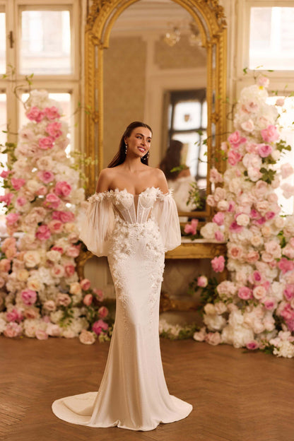 KatrinFAVORboutique-3d flower wedding dress Chantilly lace bridal wear