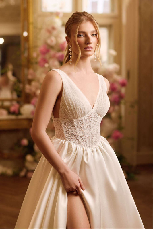 KatrnFAVORboutique-Satin wedding dress with lace Long reception dresses