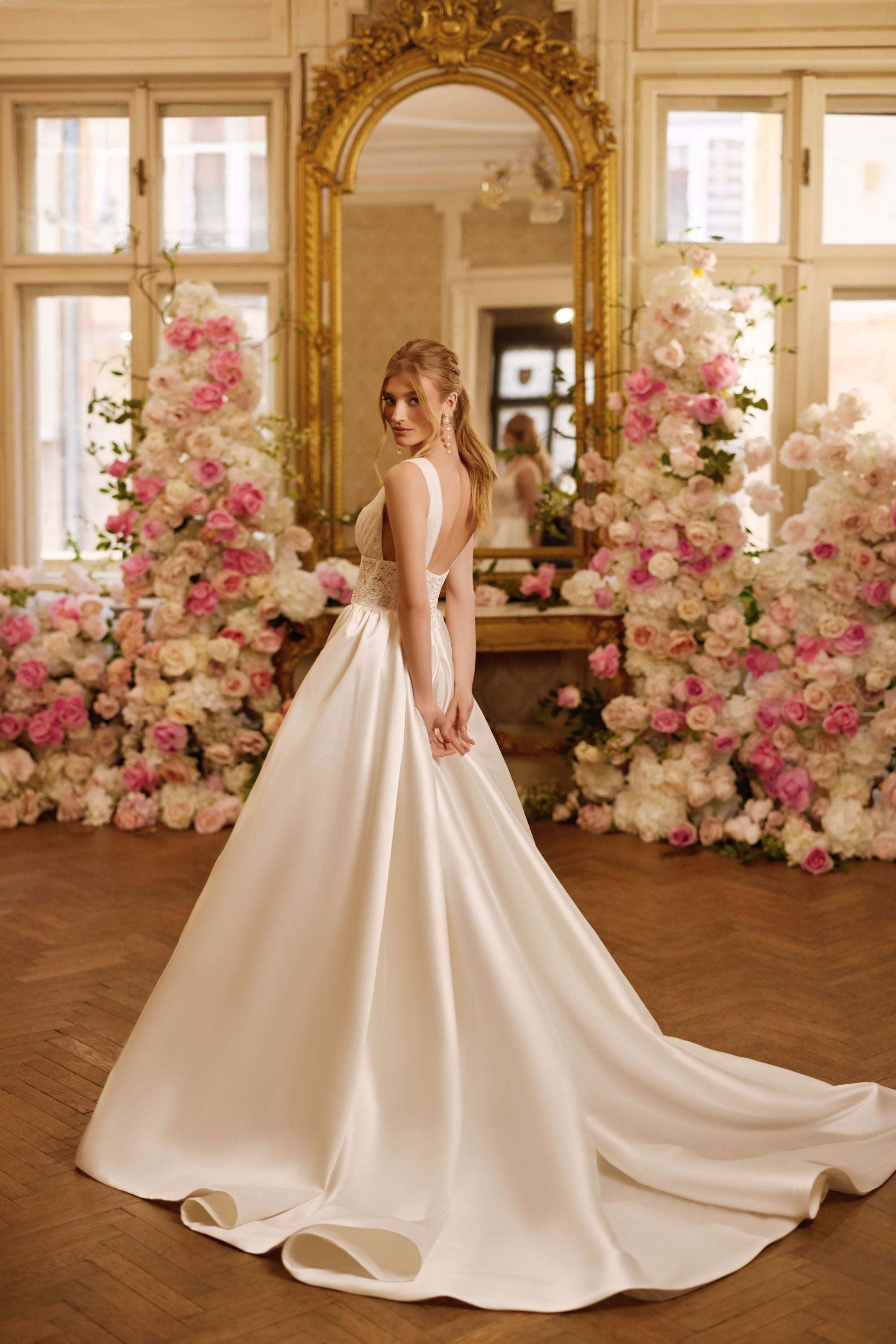 KatrnFAVORboutique-Satin wedding dress with lace Long reception dresses