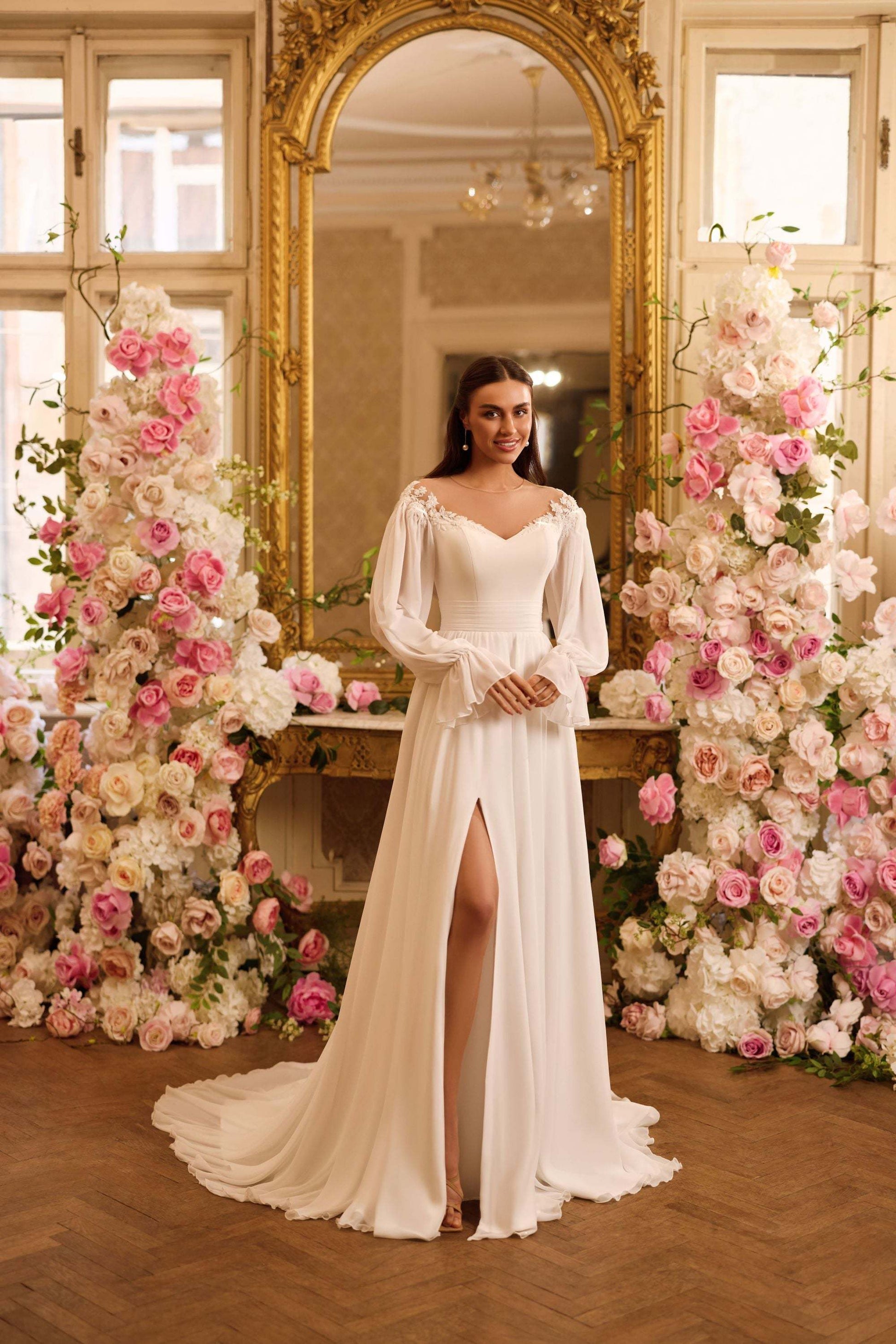 KatrinFAVORboutique-Chiffon wedding dress with long sleeves Bridal outfits