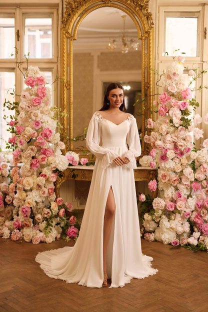 KatrinFAVORboutique-Chiffon wedding dress with long sleeves Bridal outfits