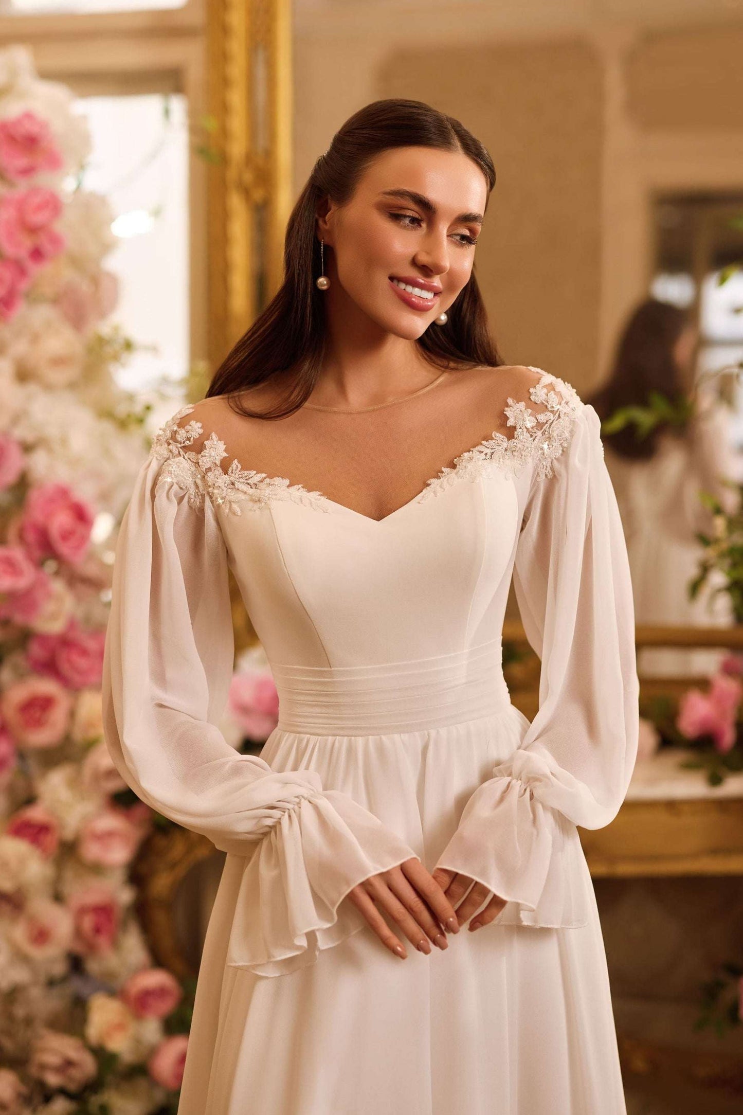 KatrinFAVORboutique-Chiffon wedding dress with long sleeves Bridal outfits