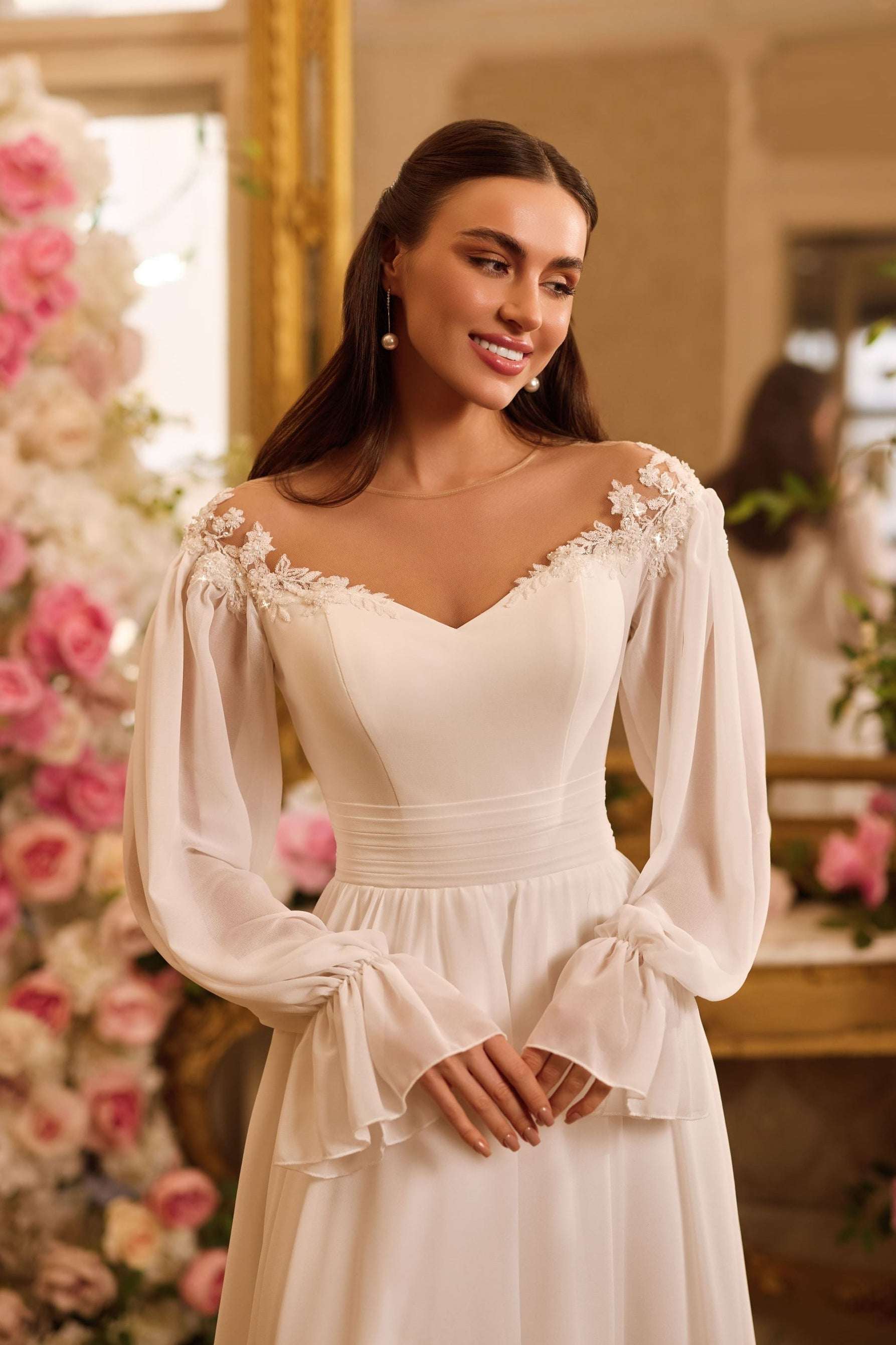 KatrinFAVORboutique-Chiffon wedding dress with long sleeves Bridal outfits