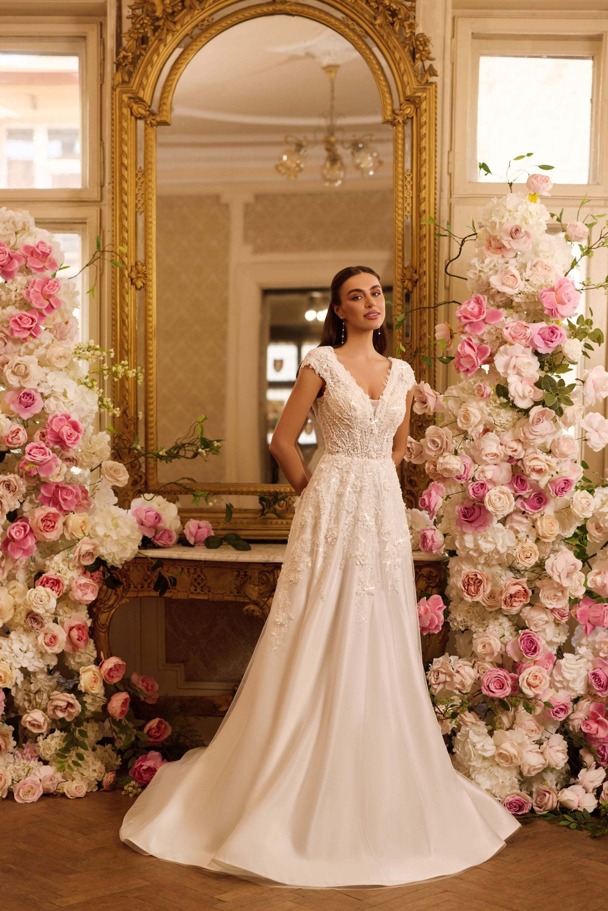 KatrinFAVORboutique-V neck wedding dress with lace Latest wedding attire