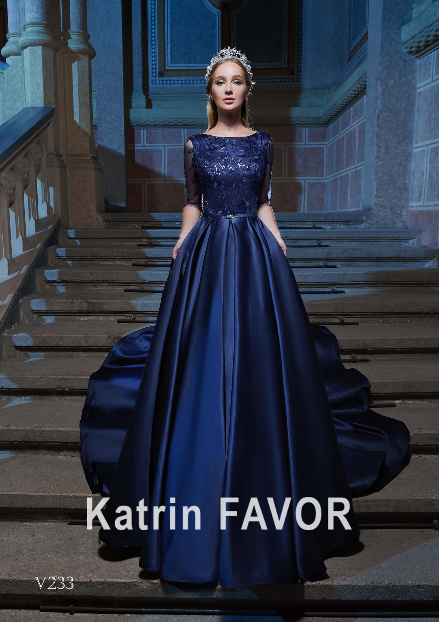 Navy blue satin mother of the bride dress