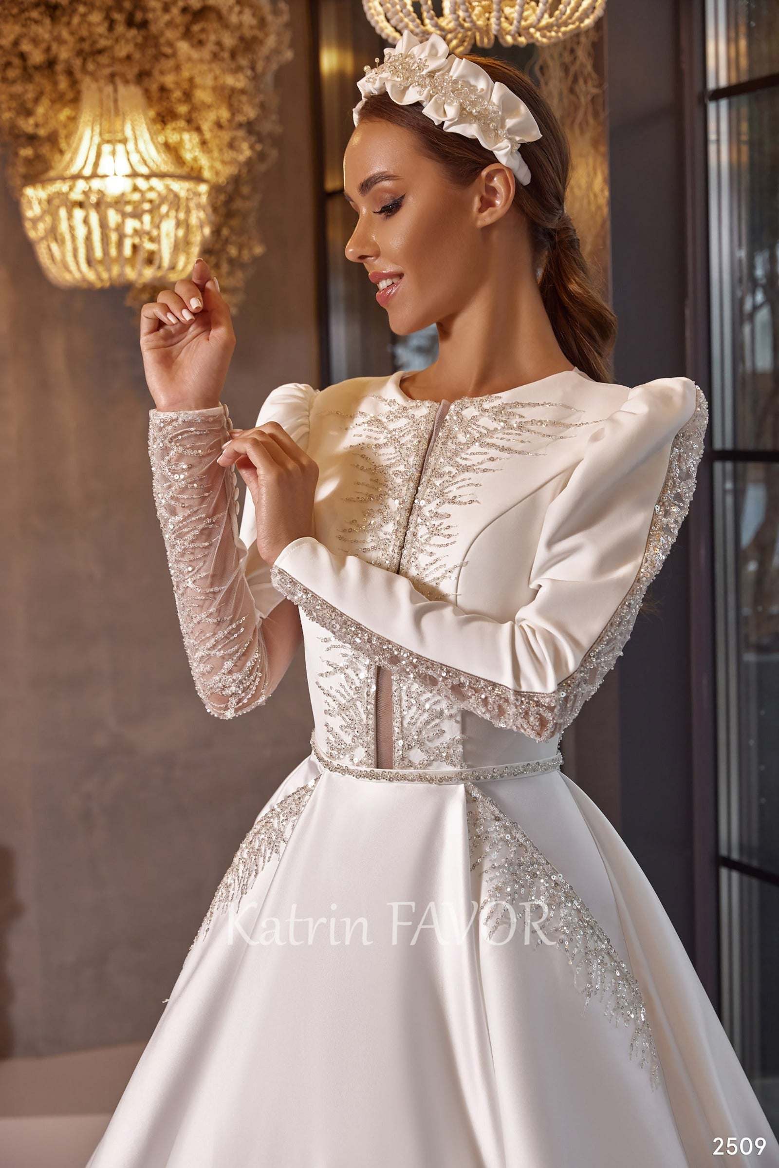 KatrinFAVORboutique-Ball gown wedding dress satin Long sleeve modest wedding gown