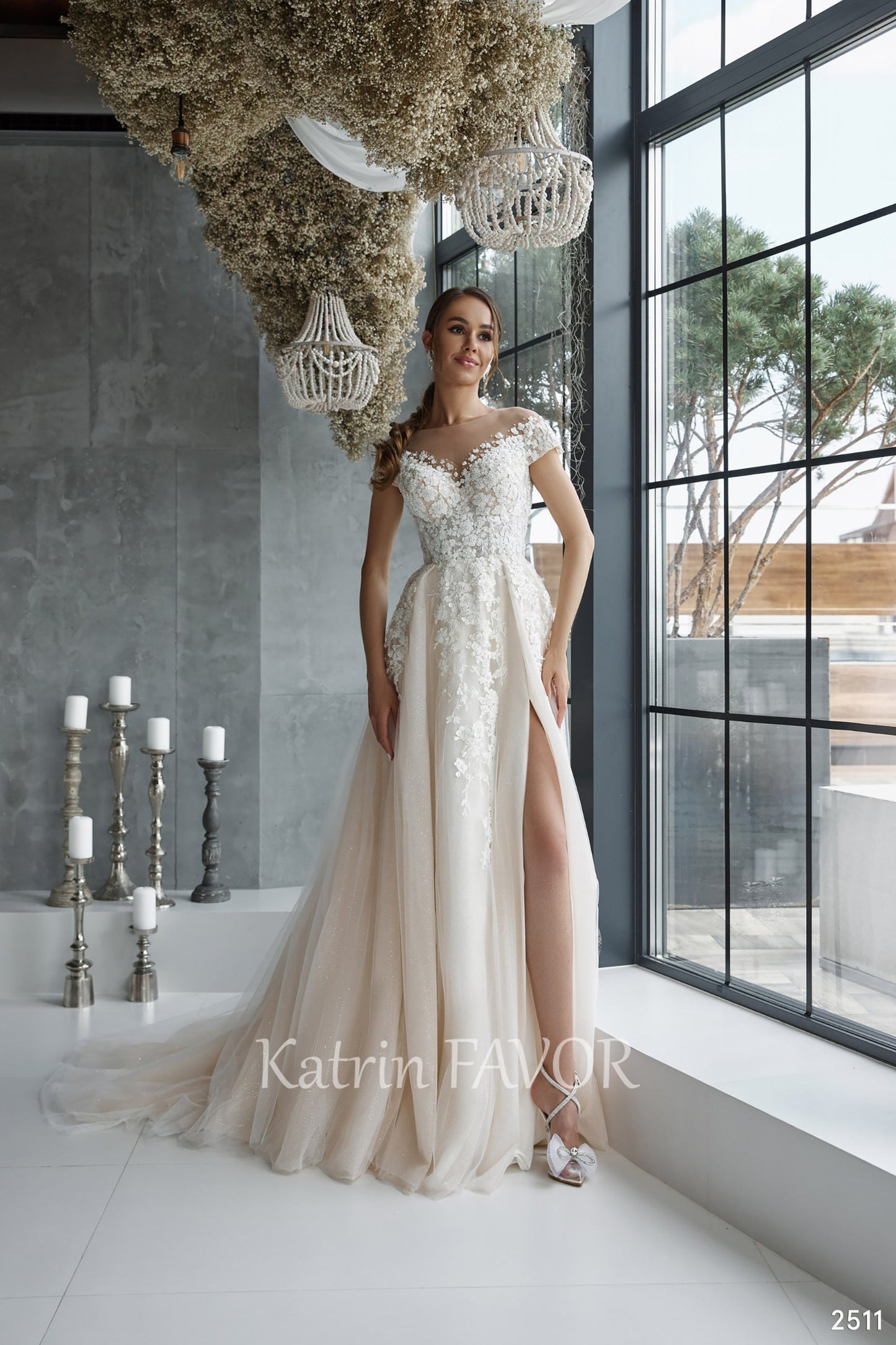 KatrinFAVORboutique-Floral embroidered blush tulle rustic wedding dress