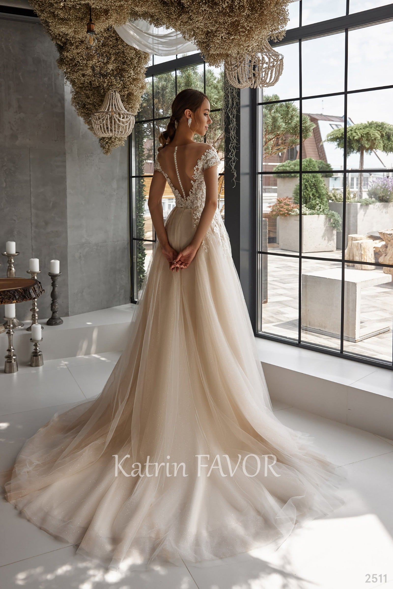 KatrinFAVORboutique-Floral embroidered blush tulle rustic wedding dress