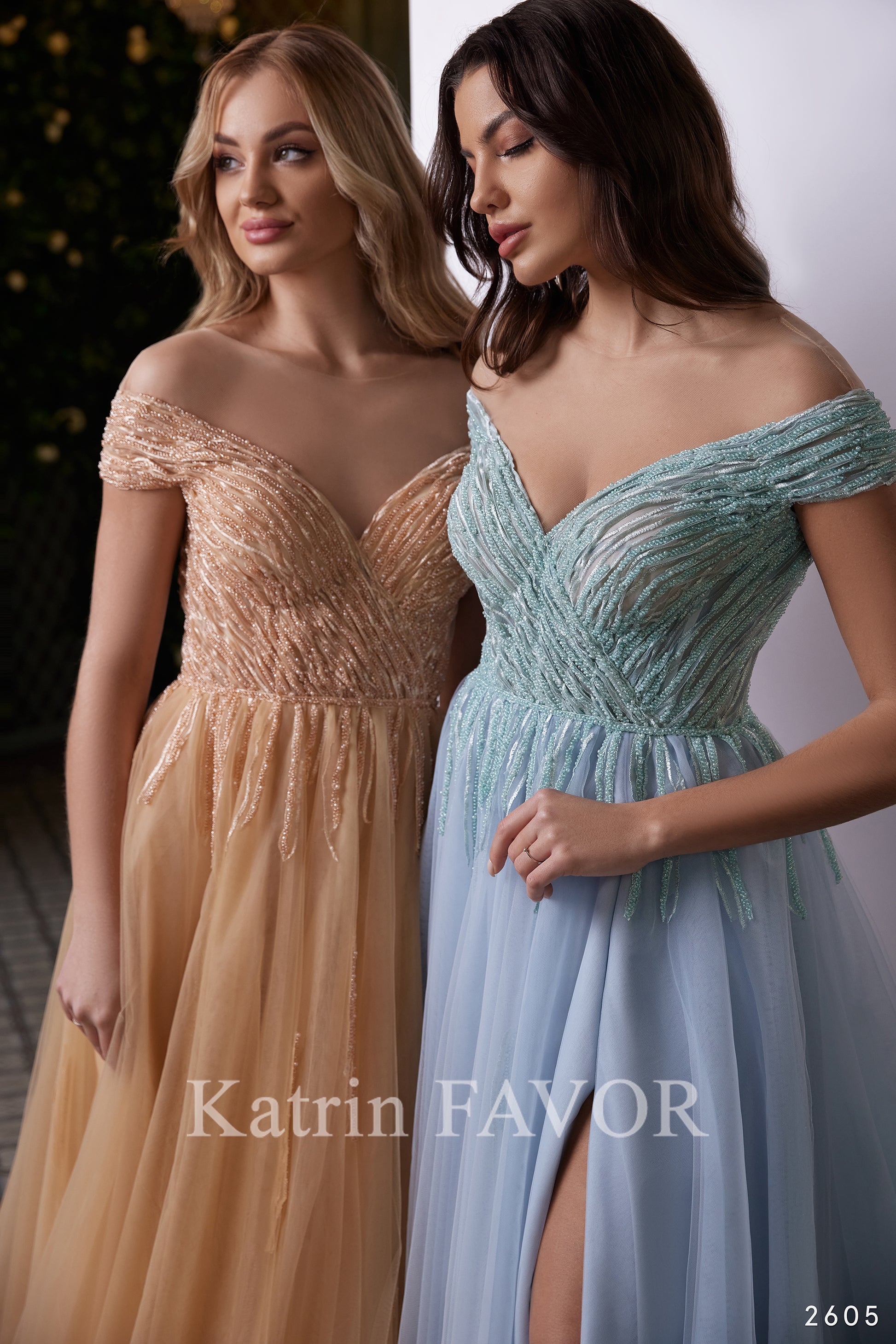 Off the shoulder a-line tulle evening gown