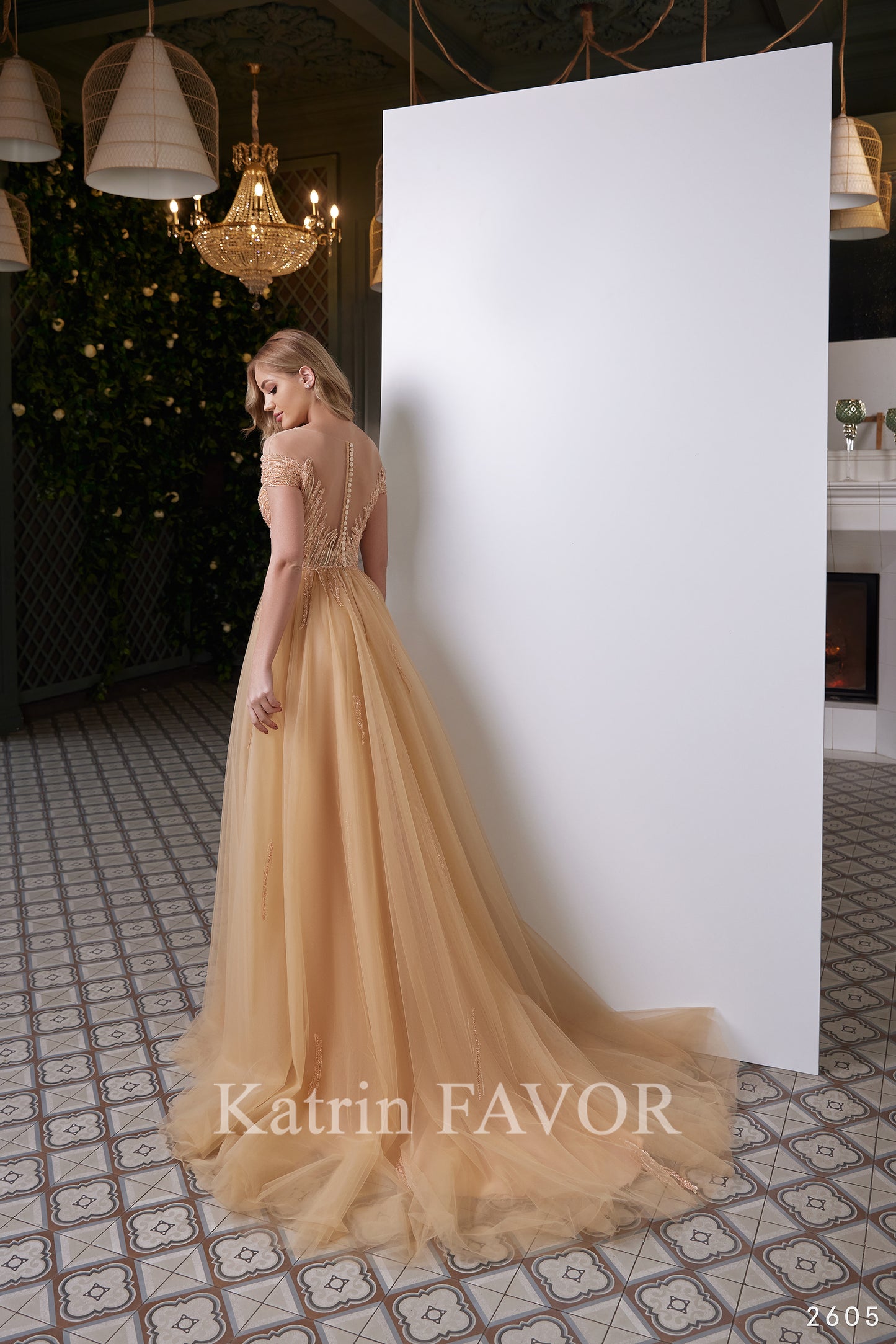 Off the shoulder a-line tulle evening gown