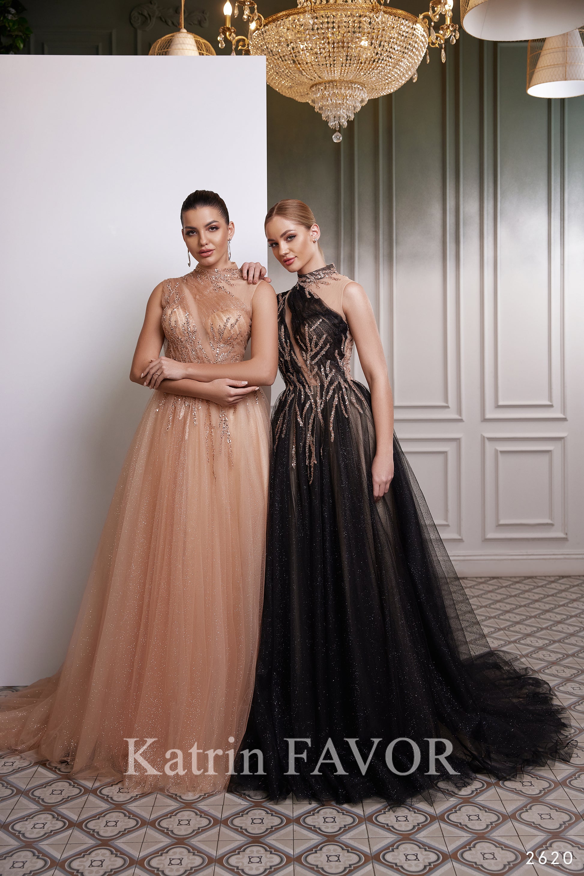 One shoulder illusion sparkle tulle evening gown