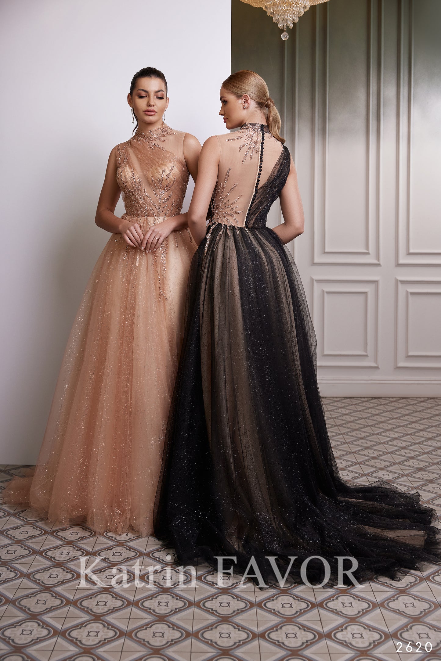 One shoulder illusion sparkle tulle evening gown