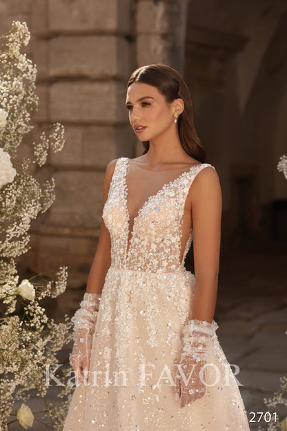 Sparkle sequin embroidered blush a-line beach wedding dress