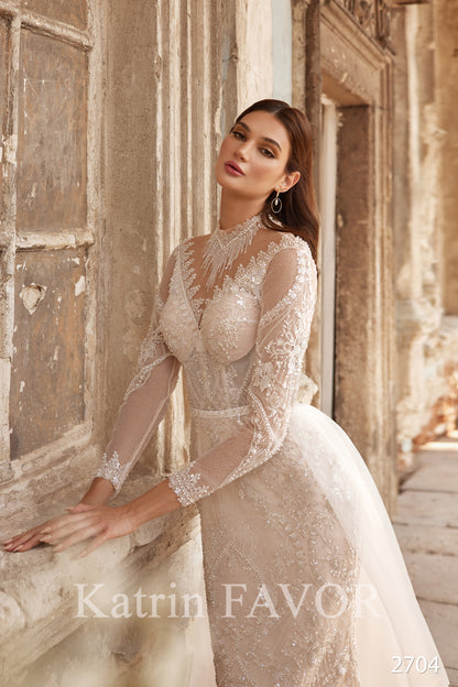 2 in 1 embroidered long sleeve unique wedding dress