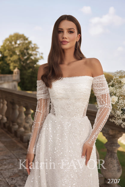 Embroidered off the shoulder long sleeve wedding dress