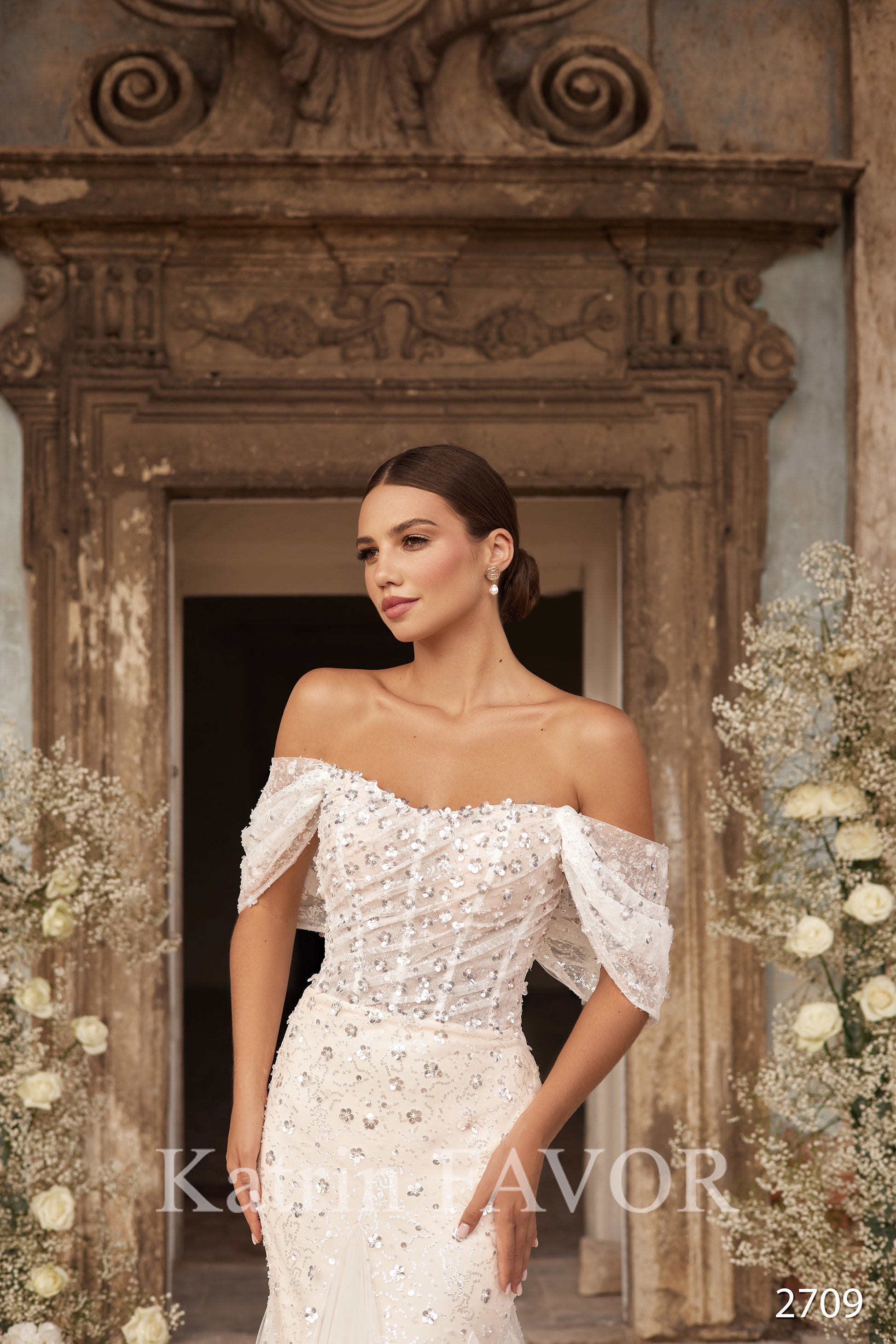 Off the shoulder embroidered mermaid wedding dress